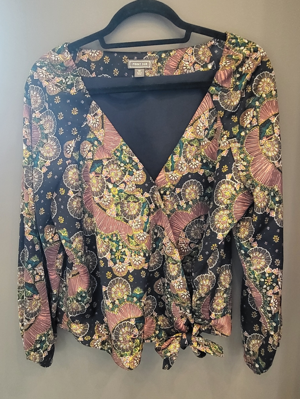 J.Crew Point Sur Blue Floral Wrap Blouse with Tie Front
